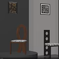 Modern Wooden And Black Chairs With Patterned Seats In Interior With Decorative Paintings Blinds