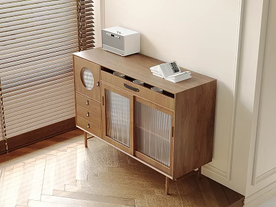 Modern Wooden Sideboard Cabinet with Glass Doors Drawers Topped with Small Appliance and Notebooks 3d model