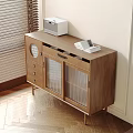 Modern Wooden Sideboard Cabinet with Glass Doors Drawers Topped with Small Appliance and Notebooks