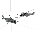 Two Gray Military Helicopters Flying With Rotors And Detailed Design