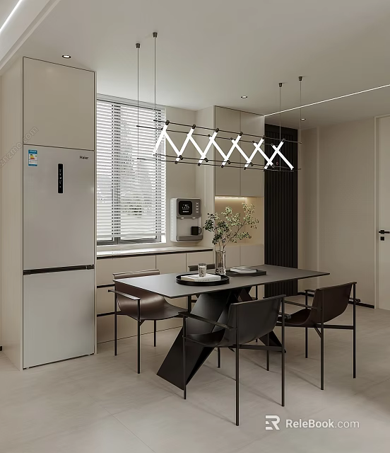 Modern Open Kitchen Dining Area With Dining Table Chairs Pendant Lights And Green Plant 3d model 