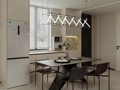 Modern Open Kitchen Dining Area With Dining Table Chairs Pendant Lights And Green Plant 3d model
