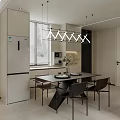 Modern Open Kitchen Dining Area With Dining Table Chairs Pendant Lights And Green Plant