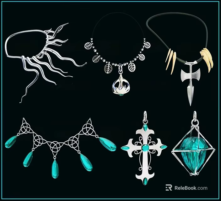 Stylish Silver Jewelry Collection With Leaf Cross Pendants And Blue Gemstone Filigree Necklaces 3d model 