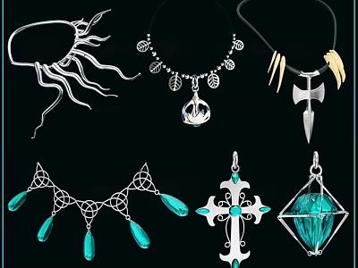 Stylish Silver Jewelry Collection With Leaf Cross Pendants And Blue Gemstone Filigree Necklaces 3d model