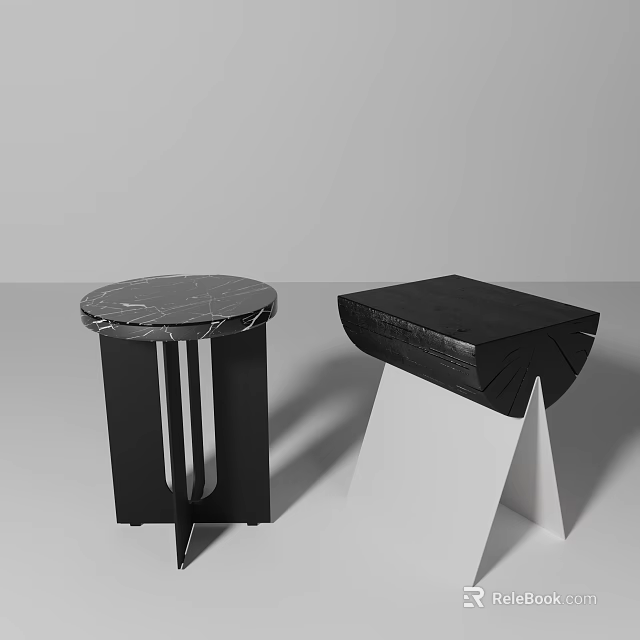 Modern Style Side Tables Featuring Round Marble Top And Square Black Design With White Base 3d model
