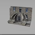 Stone Masonry Building Facade With Arched Staircase Classic Doors And Windows