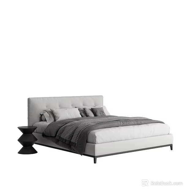 Modern Double Bed With White Upholstered Headboard Gray Blanket Pillows And Black Nightstand 3d model 