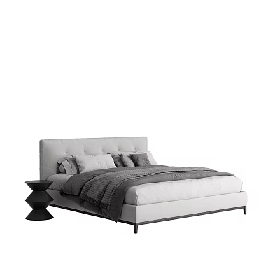 Modern Double Bed With White Upholstered Headboard Gray Blanket Pillows And Black Nightstand 3d model