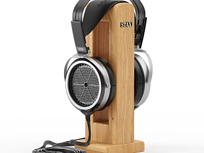 High Quality Over Ear Headphones on Wooden Stand with Sleek Metallic Black Design 3d model