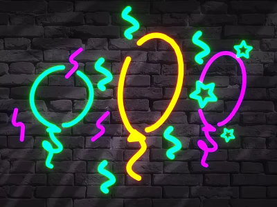 Neon Decorative Lights With Colorful Balloons Stars Curly Designs And Brick Wall Background 3d model