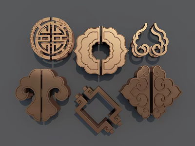 Traditional Decorative Handles With Intricate Circular Floral Cloud And Square Patterns 3d model