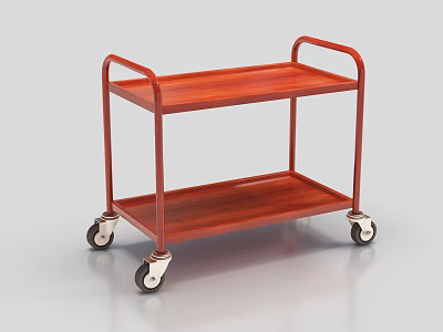 Two Tier Utility Cart With Wooden Shelves And Red Metal Frame On Wheels 3d model