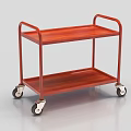 Two Tier Utility Cart With Wooden Shelves And Red Metal Frame On Wheels