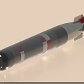 Military Torpedo Weapon with Silver Body Black Red Stripes Rear Propeller and Stabilizing Fins