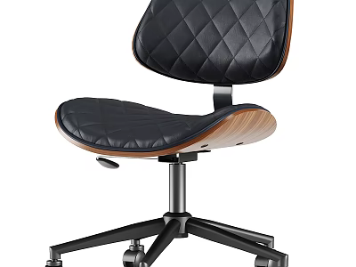 Stylish Office Chair With Quilted Black Leather Back Seat Wooden Accents Metal Frame And Wheeled Base 3d model