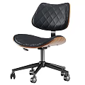 Stylish Office Chair With Quilted Black Leather Back Seat Wooden Accents Metal Frame And Wheeled Base