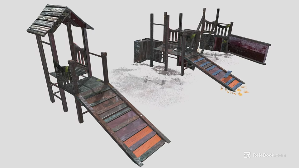 Wooden Outdoor Playground Equipment With Climbing Frame Slide Ramp And Platform Steps 3d model 