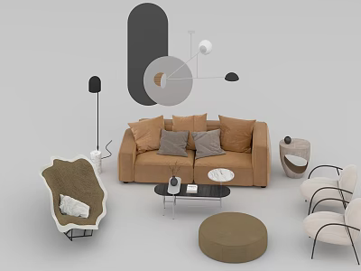Modern Brown Sofa And Black Coffee Table Set With Throw Pillows Accent Chair And Ottoman 3d model
