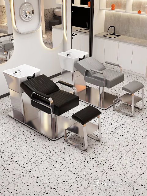 Modern Public Barber Shop Facilities With Black Gray Chairs Shampoo Stations And Metal Stools 3d model 