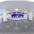 Tax Service Office Interior With Blue Wall Service Counters Computers Stools And Digital Displays