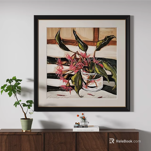 Oil Painting Hanging on Wall with Glass Vase Pink Flowers Green Leaves and Striped Background 3d model 