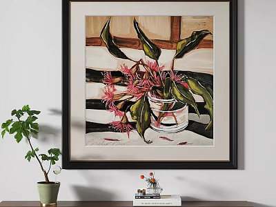 Oil Painting Hanging on Wall with Glass Vase Pink Flowers Green Leaves and Striped Background 3d model