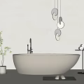 White Freestanding Bathtub With Small Potted Plant Three Black Circular Pendant Lights Above And Gray Rug