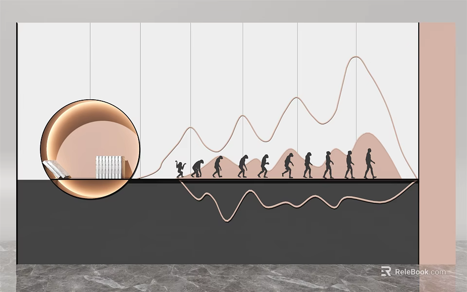 Modern Sofa Backdrop Wall with Circular Lamp Human Evolution Silhouettes and Wavy Lines 3d model 