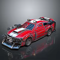 Futuristic Modified Red Car with Silver Mechanical Parts Cyberpunk Style Roof Structures and Combat Design