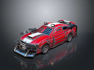 Futuristic Modified Red Car with Silver Mechanical Parts Cyberpunk Style Roof Structures and Combat Design 3d model