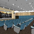 Modern Cinema Interior With Blue Seats Large Screen White Pendant Lights And Carpeted Floor