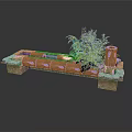 Modern Outdoor Wooden Planter Structure With Green Plant And Brick Supports