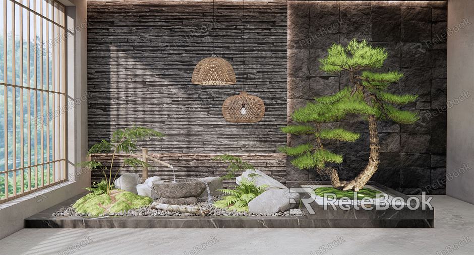 New Chinese style landscape sketch interior landscape sketch pine landscape stone courtyard sketch landscape plants fern rattan chandelier model