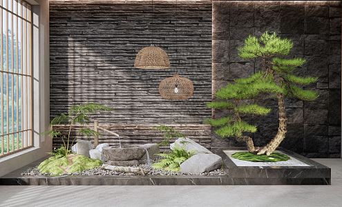 New Chinese style landscape sketch interior landscape sketch pine landscape stone courtyard sketch landscape plants fern rattan chandelier 3d model