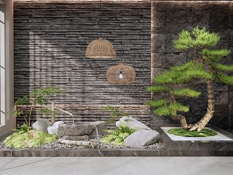 New Chinese style landscape sketch interior landscape sketch pine landscape stone courtyard sketch landscape plants fern rattan chandelier 3d model