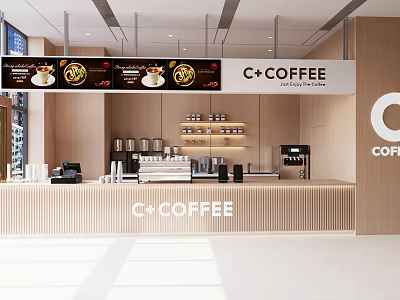 Modern Minimalist C+COFFEE Interior With Wooden Counter Coffee Machines And Menu Boards 3d model