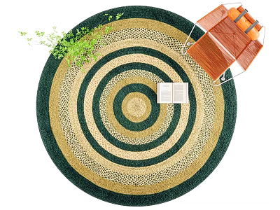 Round Area Rug in Green Beige Concentric Circle Woven Texture Wooden Chair Green Plant 3d model