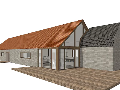 Modern Detached Villa With Red And Black Roofs Gray Stone Walls And Wooden Deck 3d model