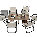 Outdoor Folding Table and Six Chair Set with Wooden Tabletop and Metal Frame