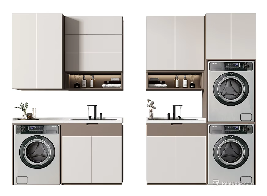 Modern Bathroom Cabinet Rack With Washing Machine Sink And Storage Cabinets Design 3d model 