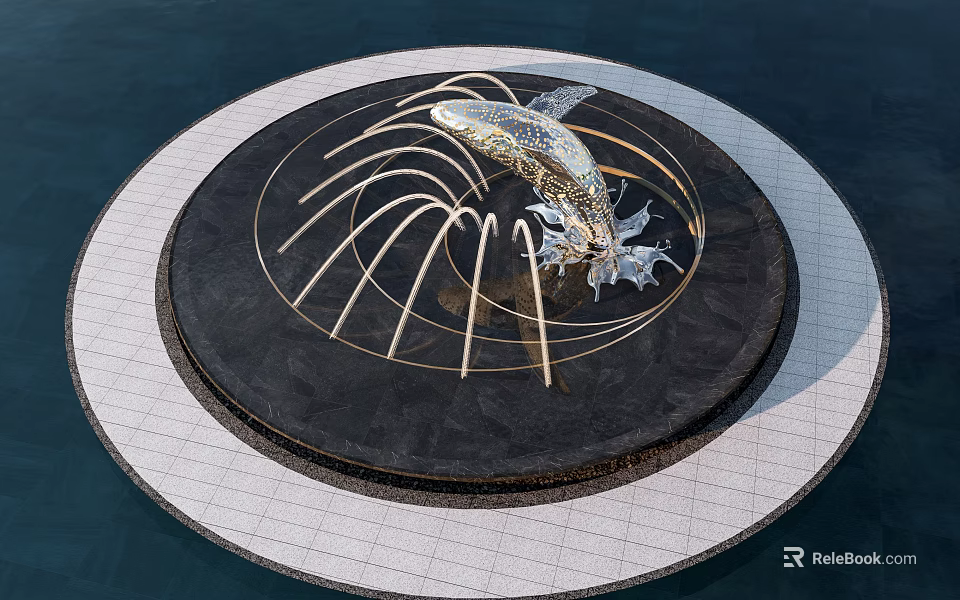 Park Landscape Featuring Circular Fountain With Silver Fish Sculpture And Golden Curved Structures 3d model 