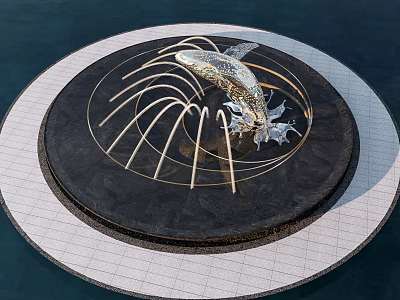 Park Landscape Featuring Circular Fountain With Silver Fish Sculpture And Golden Curved Structures 3d model