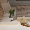 Modern Basement With Staircase Green Plant Bookshelves And Cozy Seating