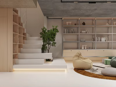 Modern Basement With Staircase Green Plant Bookshelves And Cozy Seating 3d model