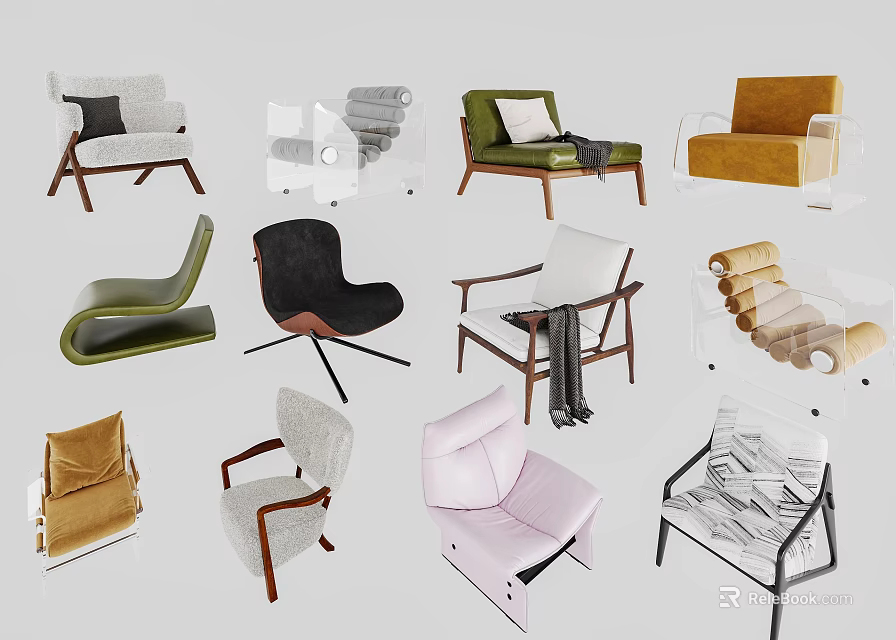 Stylish Modern Leisure Chairs with Comfortable Seats Wooden Frames and Soft Upholstery 3d model 