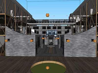 Museum Building Atrium Design With Gray Brick Walls Wooden Frames And Hanging Orange Spheres 3d model