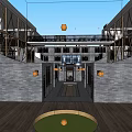 Museum Building Atrium Design With Gray Brick Walls Wooden Frames And Hanging Orange Spheres