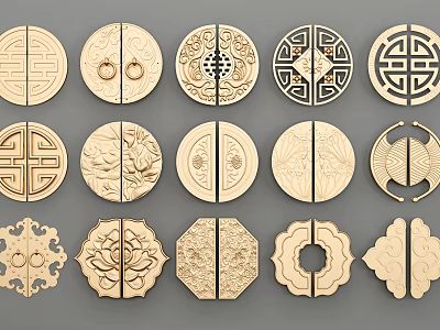 Traditional Chinese Wooden Handles With Intricate Carvings And Classical Symmetrical Ornamental Patterns 3d model