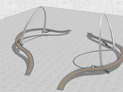 Modern Twin Arched Bridges With Curved Wooden Decks And White Supports 3d model